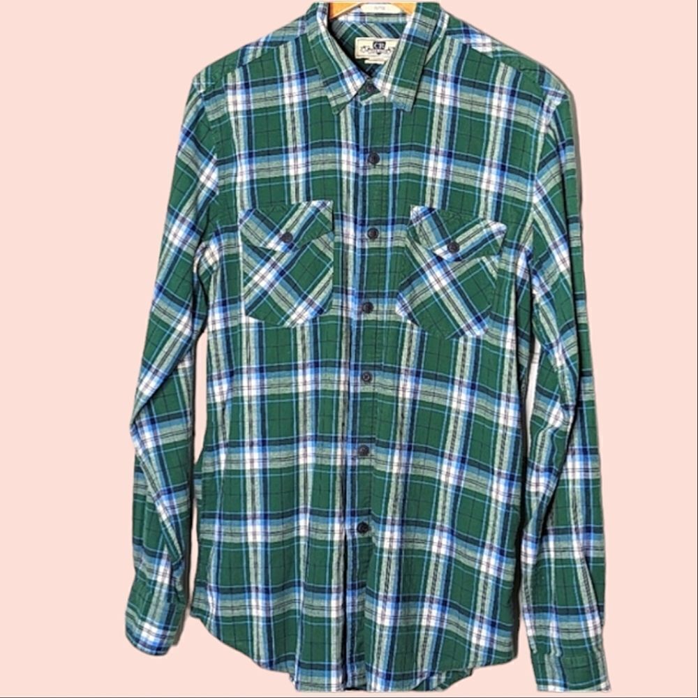 Club Room Fitted Brushed Cotton Plaid Button Down Shirt size Men's M